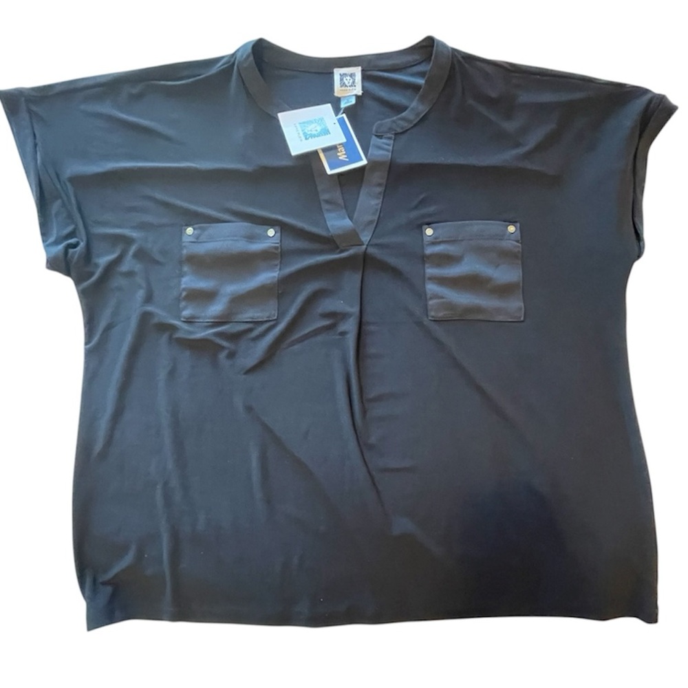 Anne Klein Black Short Sleeve Top with Pocket Accents Sz XL